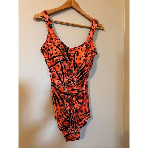 Maxine Sz 16 Gathered Front One Piece Swimsuit Red Orange Animal Print Shapewear - Picture 8 of 14